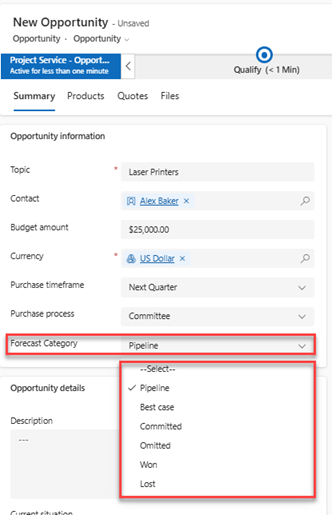 Captura de tela de um formulário de oportunidade com a categoria Previsão expandida.