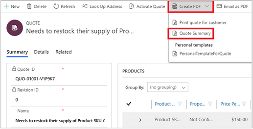 Um formulário de cotação mostrando o botão Criar PDF na barra de comandos.