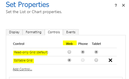 Captura de tela das configurações de propriedades para o controle de grade.