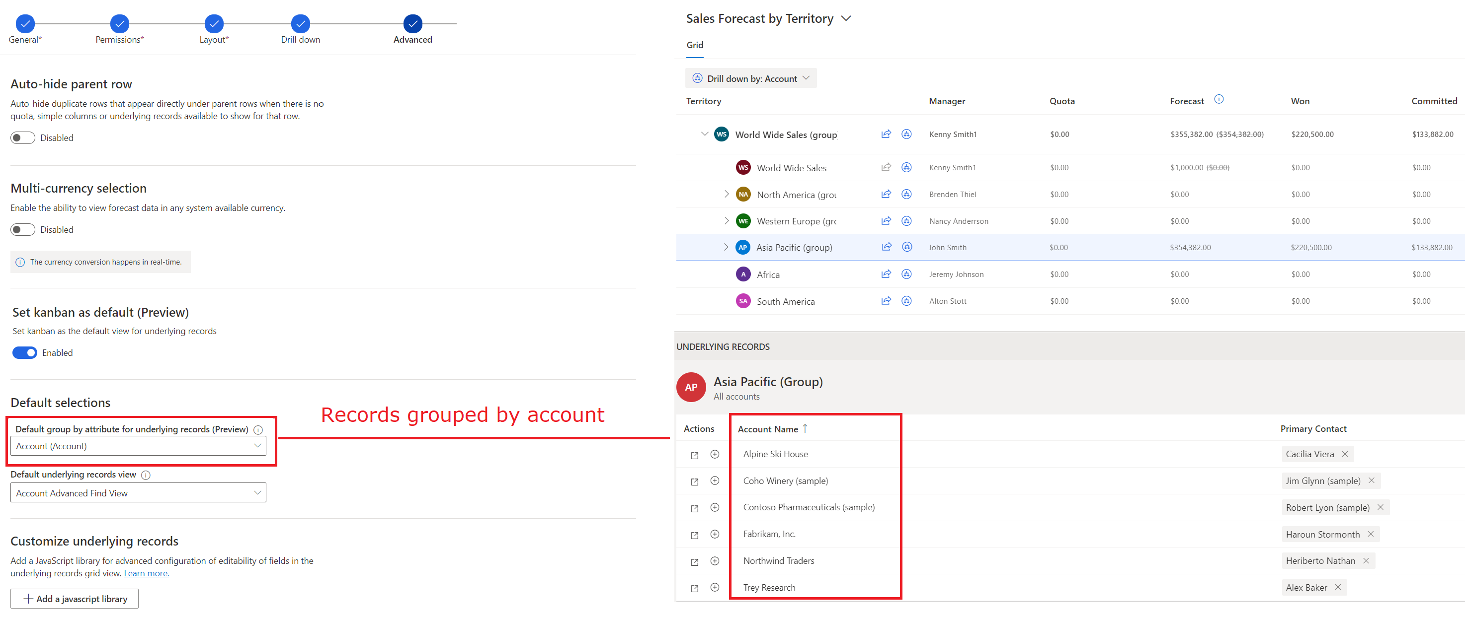 Uma captura de tela da opção Agrupar por atributo e como os registros são agrupados com base no atributo selecionado.