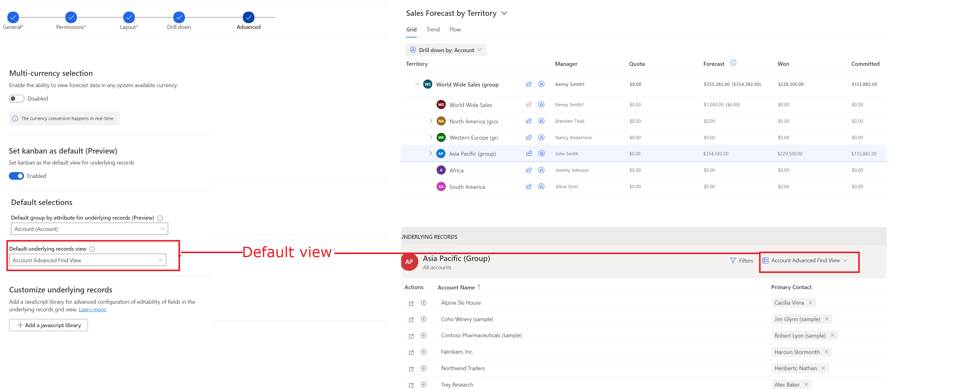 Uma captura de tela da opção de visualização de registros subjacentes padrão e a visualização que aparece na grade de registros subjacentes.