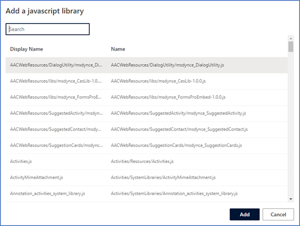 Uma captura de tela que mostra uma lista de bibliotecas JavaScript para adicionar a uma previsão.