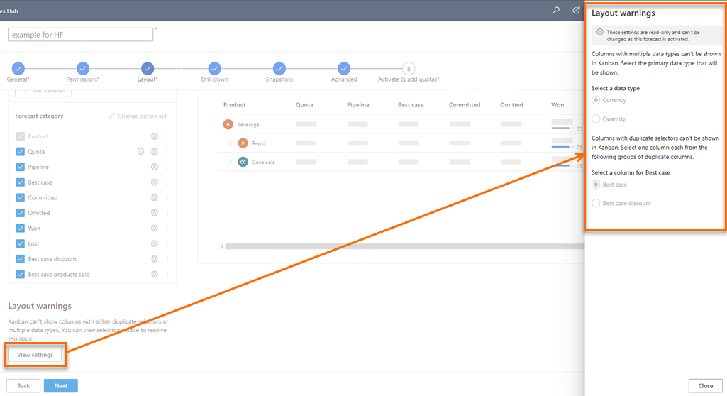 Selecione as configurações de exibição e o painel de avisos de layout de exibição