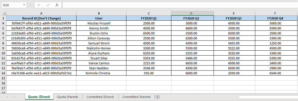 Exemplo de exibição da pasta de trabalho do Excel.