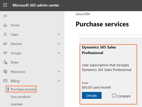 Selecionar bloco do Dynamics 365 Sales Professional.