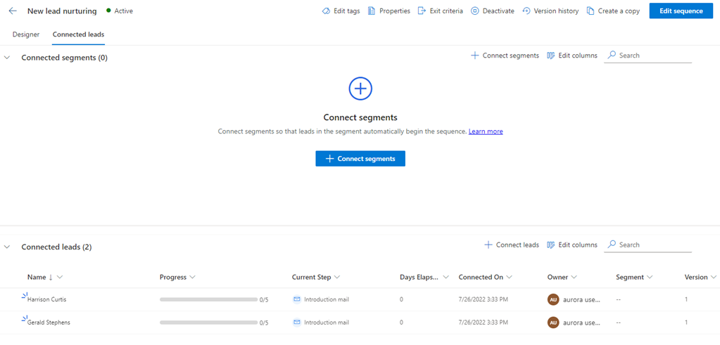 Registros de cliente potencial conectados a uma sequência