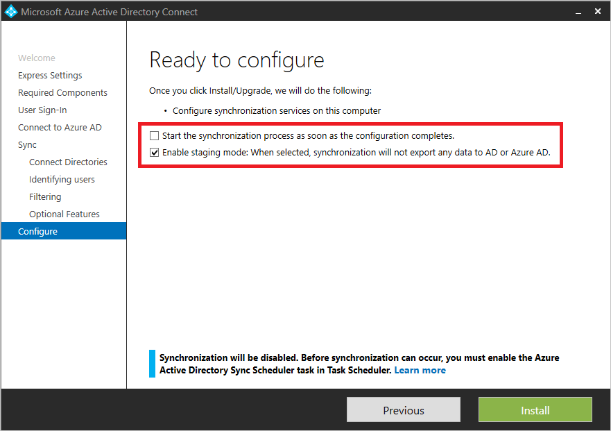 Uma captura de tela da configuração do modo de preparação do Microsoft Entra Connect