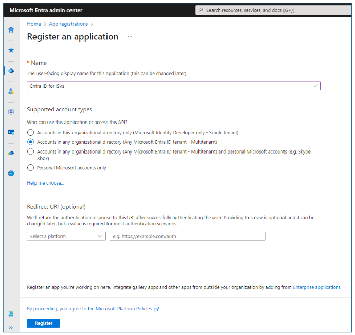 Captura de tela das opções de configuração no centro de administração do Microsoft Entra.