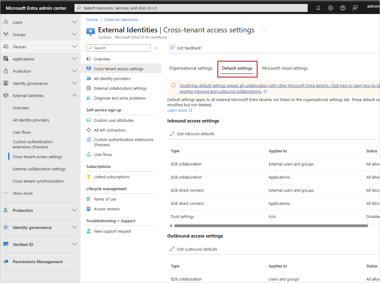 Captura de tela que mostra a guia de Configurações de acesso entre locatários Configurações padrão