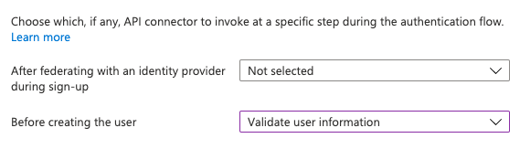 Selecionar o conector de API a ser usado para uma etapa no fluxo do usuário, como 'antes de criar o usuário'.