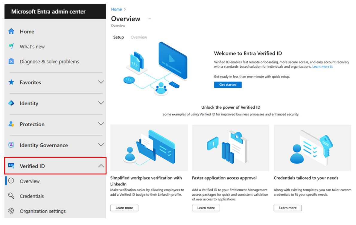 Captura de tela do menu Verified ID do centro de administração do Microsoft Entra.