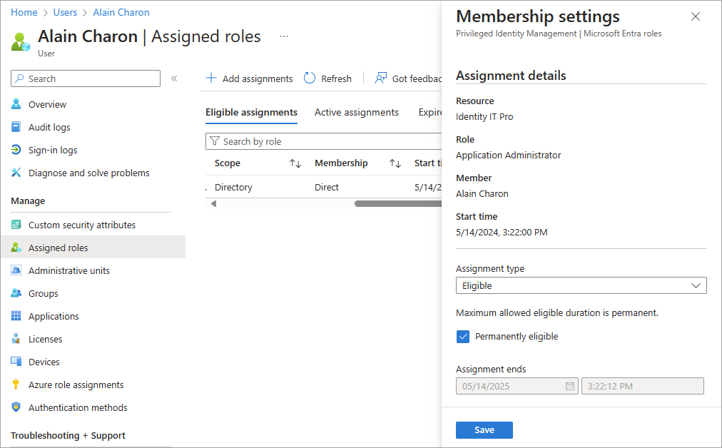 Captura de tela do painel de configurações de associação de função.