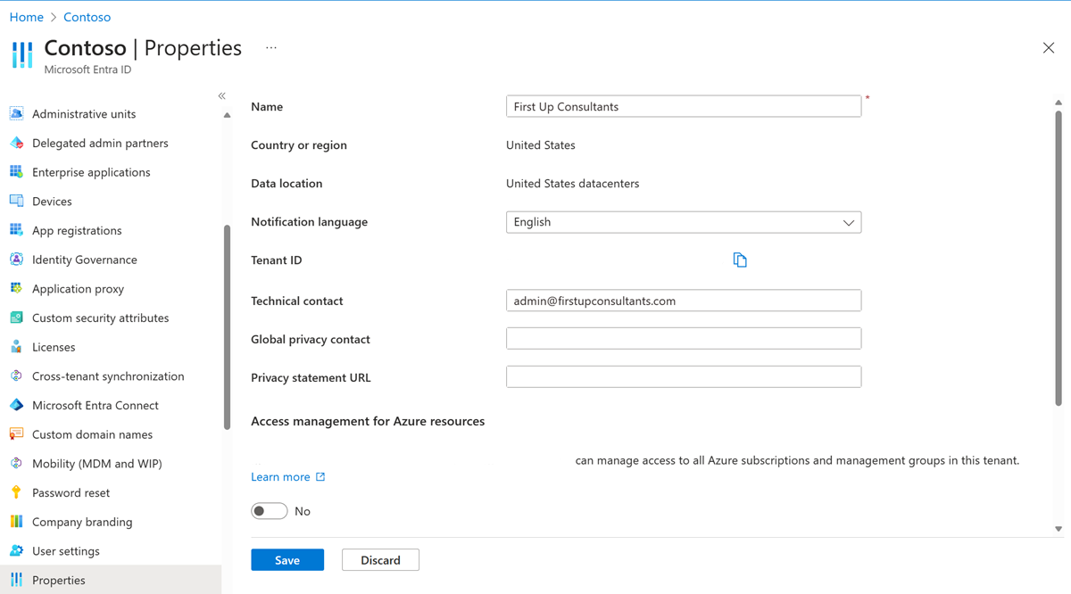 Microsoft Entra ID – Propriedades – ID de Locatário – campo de ID de Locatário