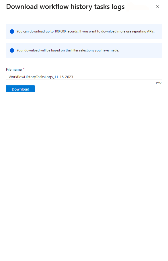 Captura de tela do painel de download do histórico de fluxo de trabalho.