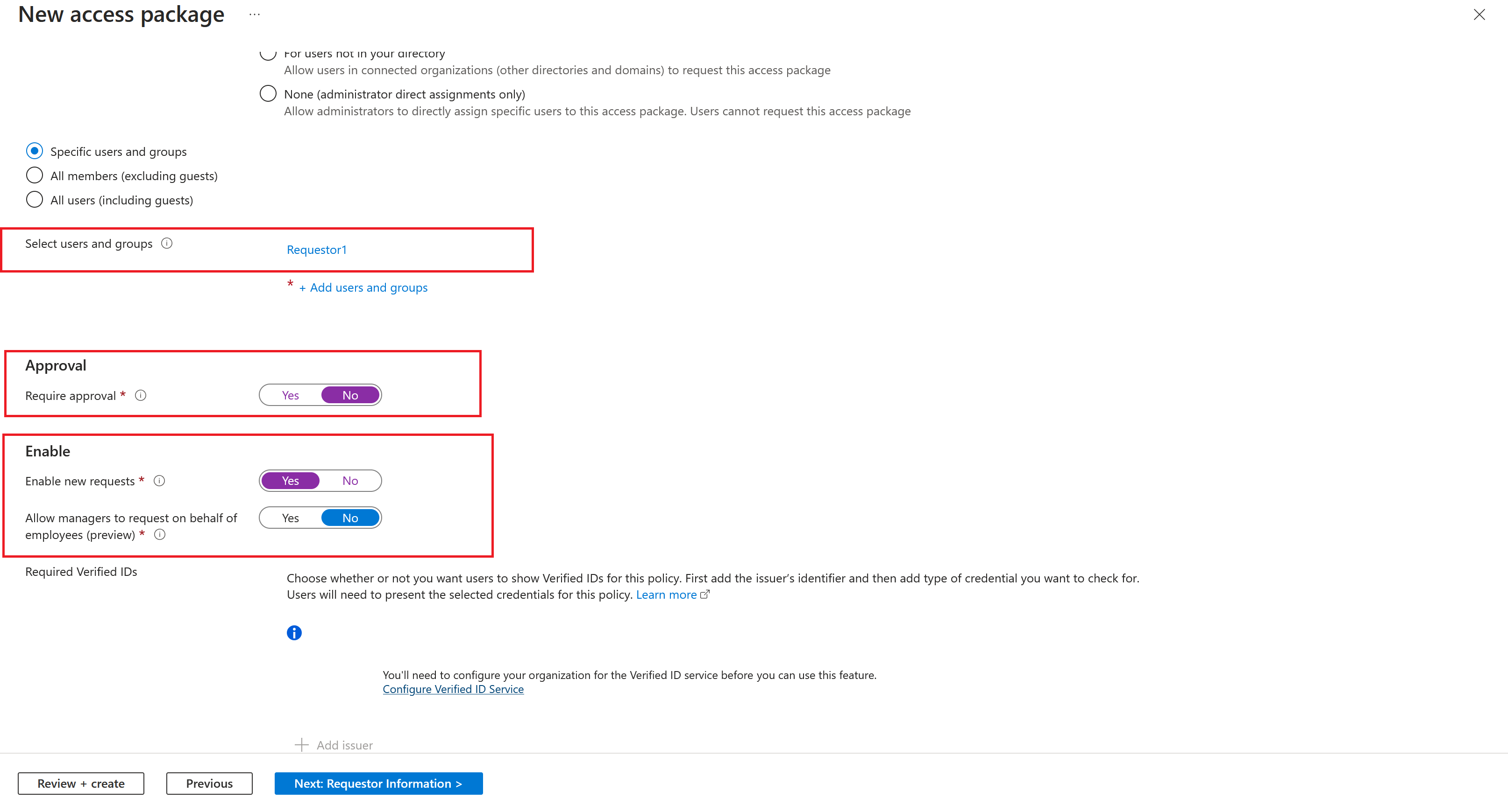 Capturas de tela das configurações Aprovação e Habilitar solicitações da guia Solicitações.