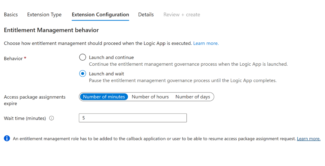 Captura de tela das opções de configuração de iniciar e aguardar.