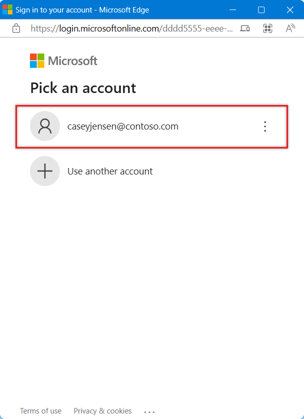 Captura de tela solicitando que o usuário escolha a conta Microsoft para entrar.