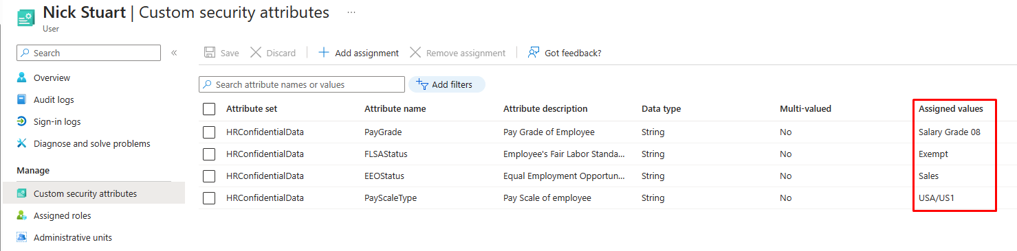 Screenshot of the assigned values column in the Custom security attributes screen.