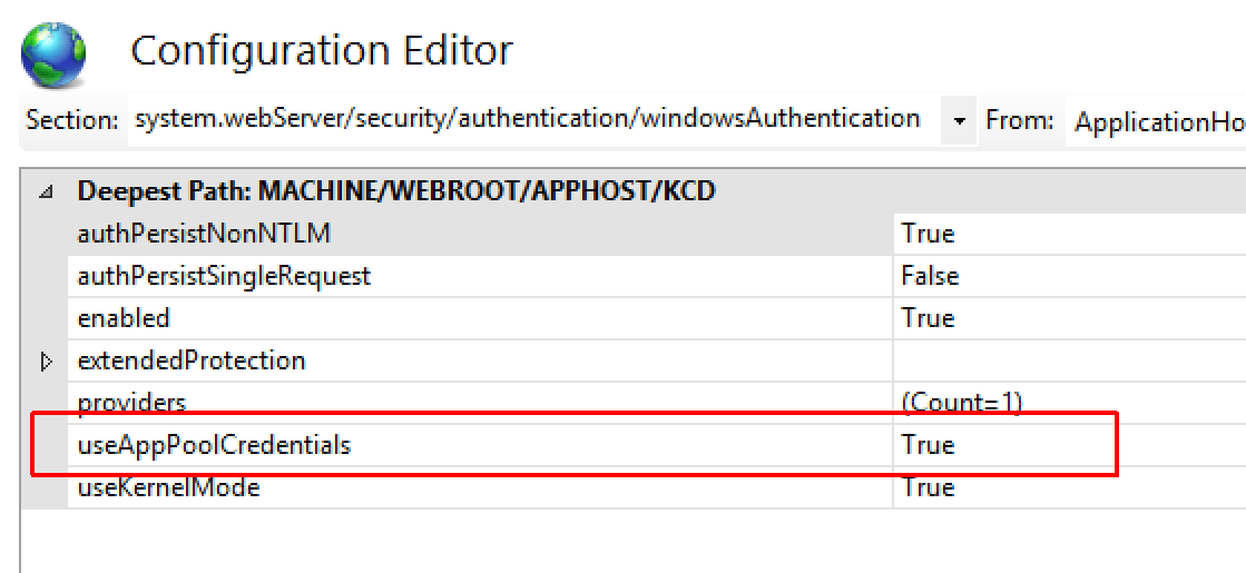 Opção de credencial de pools de aplicativo da configuração do IIS