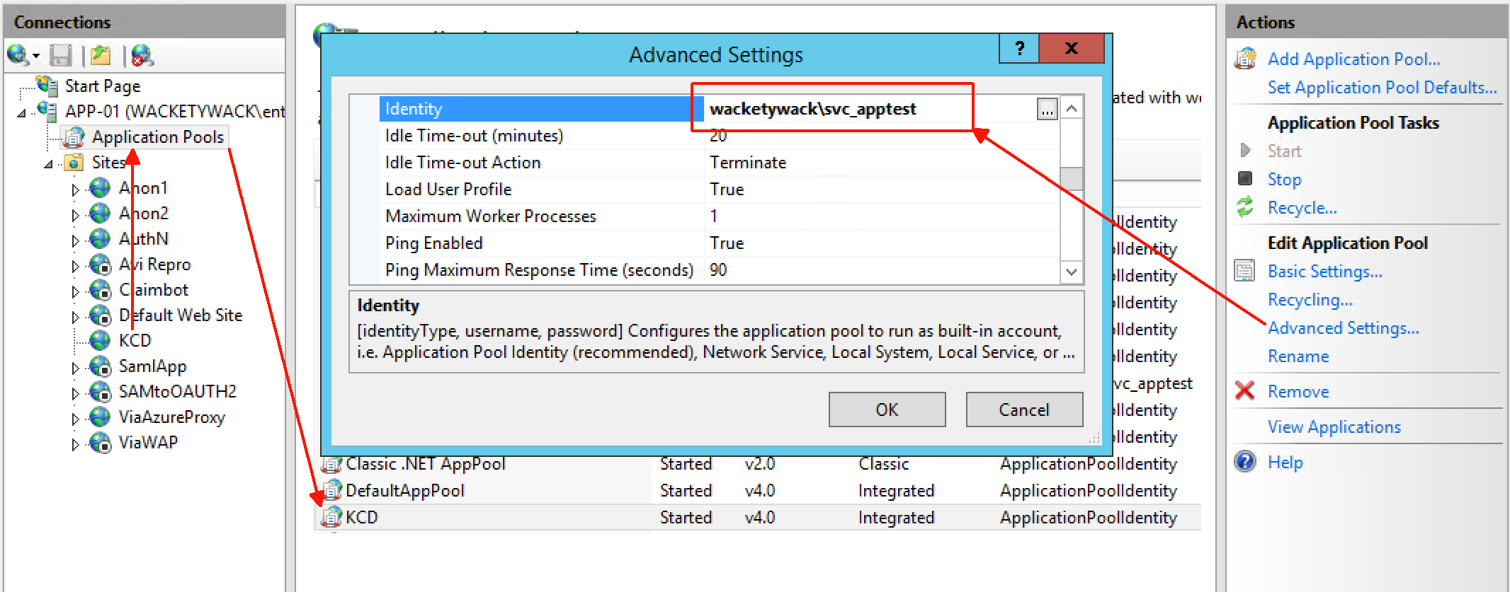 Janela de configuração de aplicativo IIS