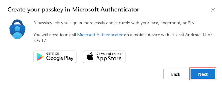 Captura de tela que oferece aos usuários uma opção para baixar o Authenticator.