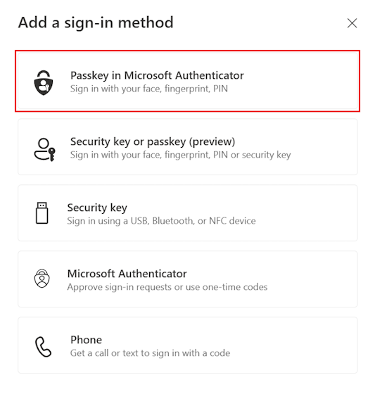 Captura de tela de como selecionar a chave de acesso no Microsoft Authenticator como método de entrada.