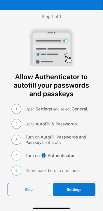 Captura de tela de abrir Configurações e seguir as instruções na tela usando o Microsoft Authenticator para dispositivos iOS.