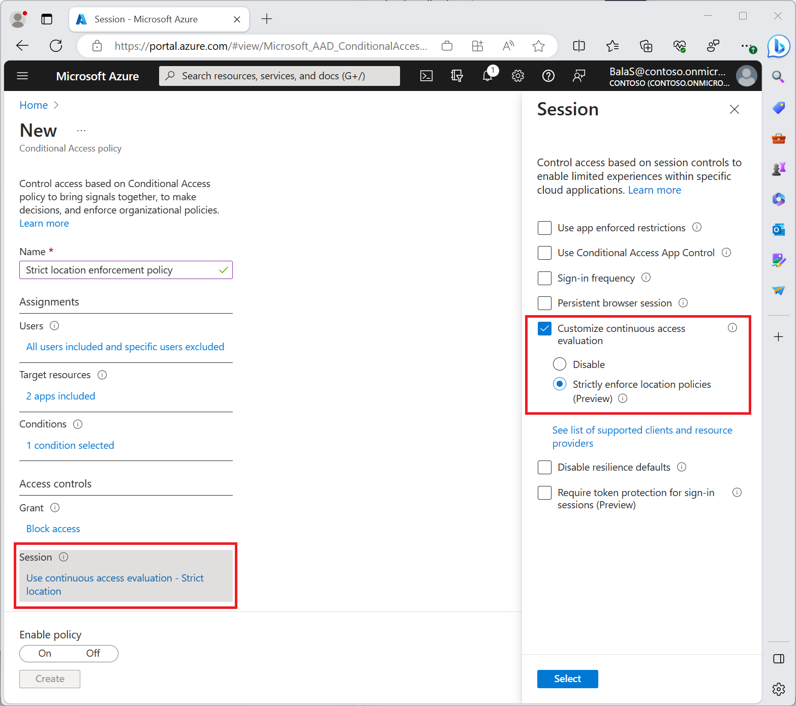 Captura de tela mostrando uma política de acesso condicional com “Impor estritamente políticas de localização” habilitado.