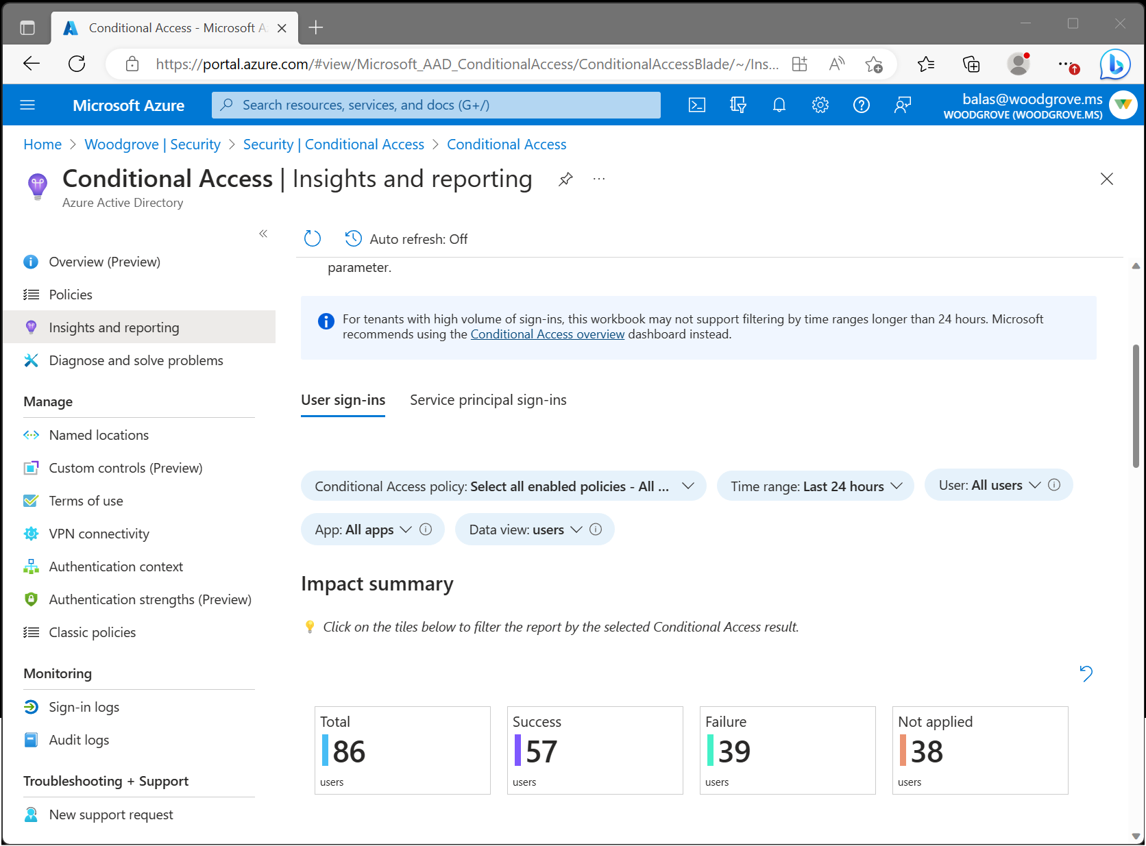 Captura de tela que mostra a os Insights de Acesso Condicional e a pasta de trabalho de relatório.