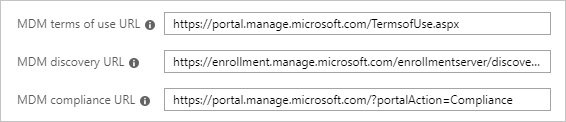 Captura de tela de parte da seção de configuração do MDM do Microsoft Entra, com campos de URL para os termos de uso, descoberta e conformidade do MDM.