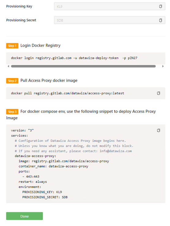 Captura de tela de três conjuntos de informações do Docker.