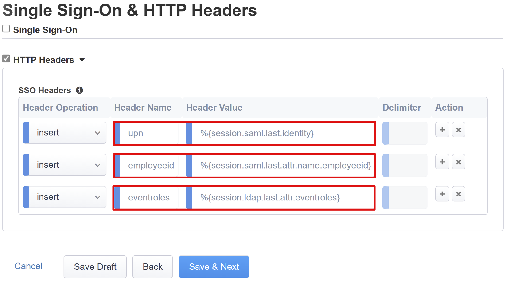 Captura de tela das entradas cabeçalhos de SSO em Cabeçalhos de SSO em Cabeçalhos SSO e HTTP.