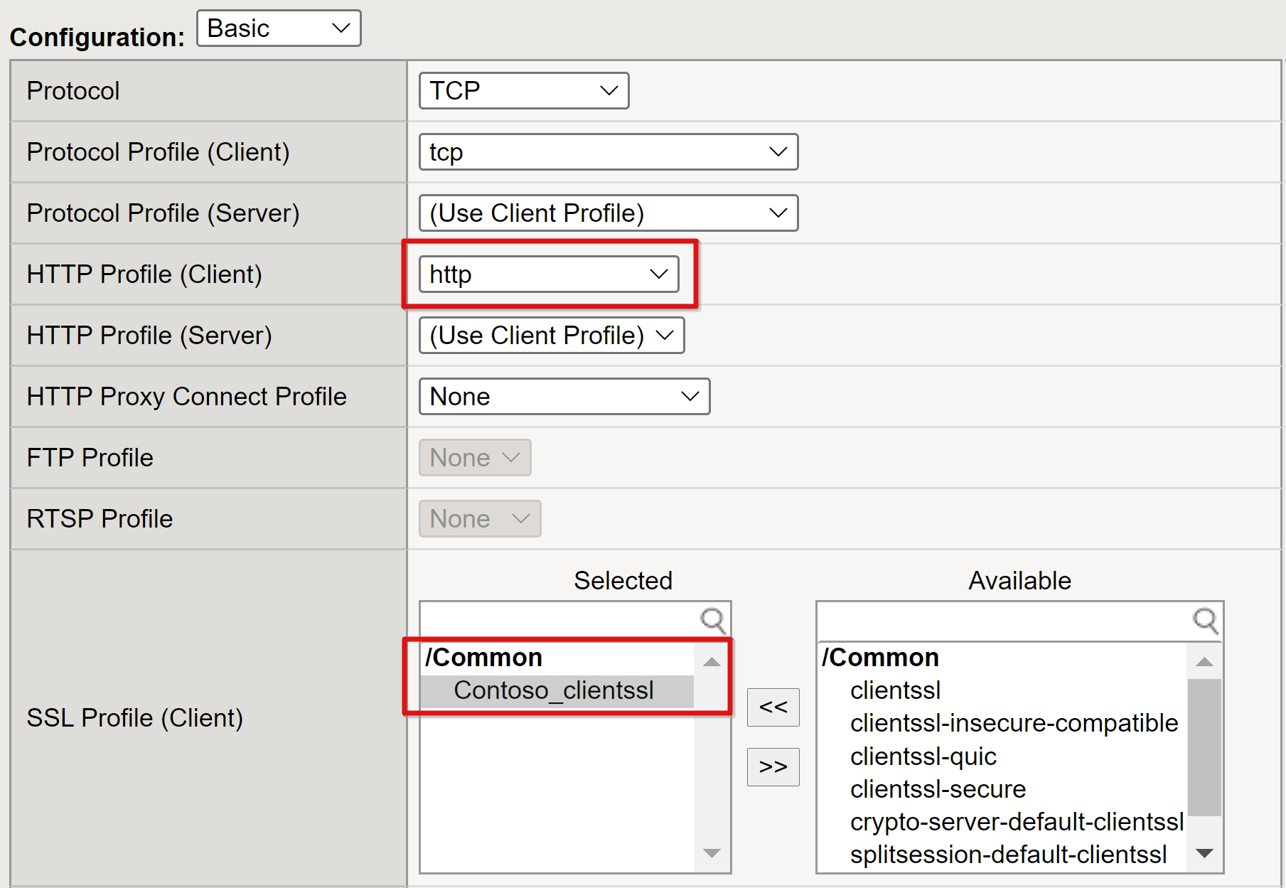 Captura de tela da entrada do Perfil HTTP para o cliente e as entradas selecionadas do Perfil SSL para o cliente.