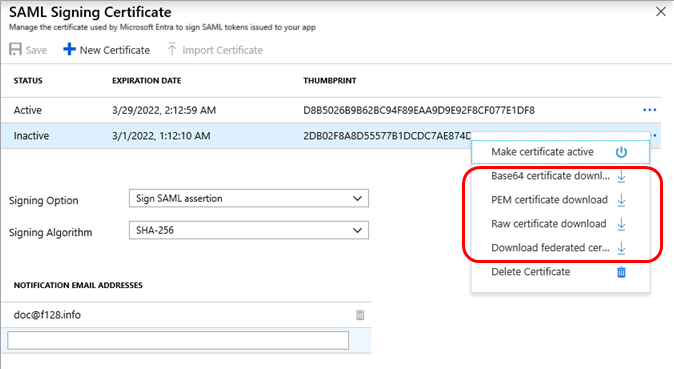 Opções de download de certificado de autenticação SAML (ativas e inativas).