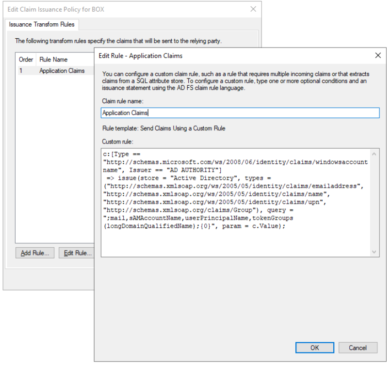 Captura de tela do painel de configurações de declarações do AD FS.