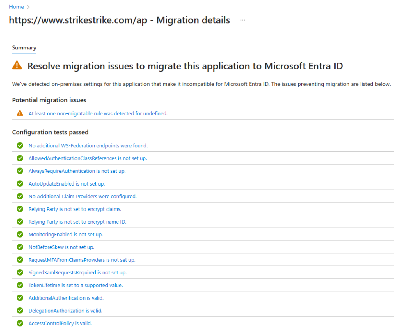 Captura de tela do painel de detalhes da migração de aplicativo AD FS.