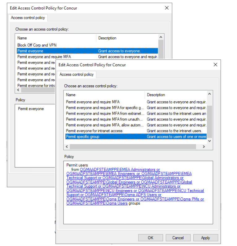 Captura de tela do painel Configurações de usuários e grupos do AD FS.