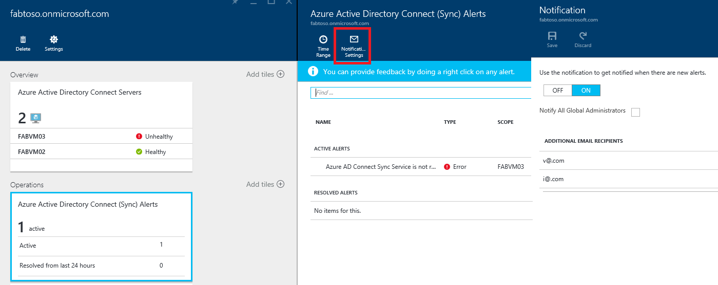 Screenshot of Microsoft Entra Connect Health email notification settings