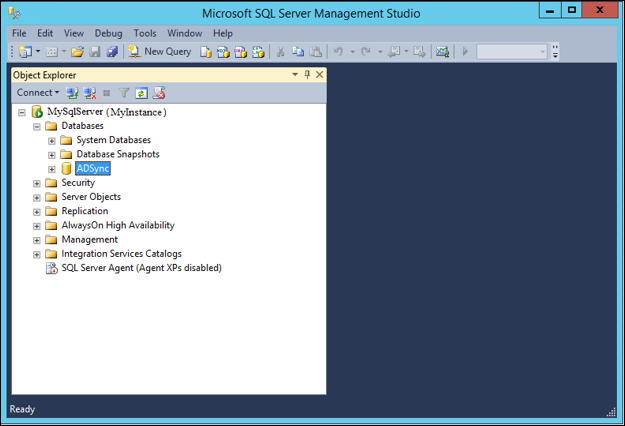 A captura de tela mostra o Microsoft SQL Server Management Studio. Sincronização do AD está selecionado.