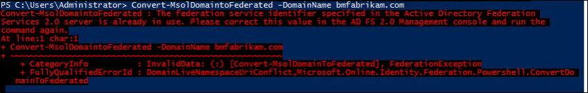 Captura de tela que mostra um erro de federação no PowerShell depois de tentar converter um novo domínio com o comando 