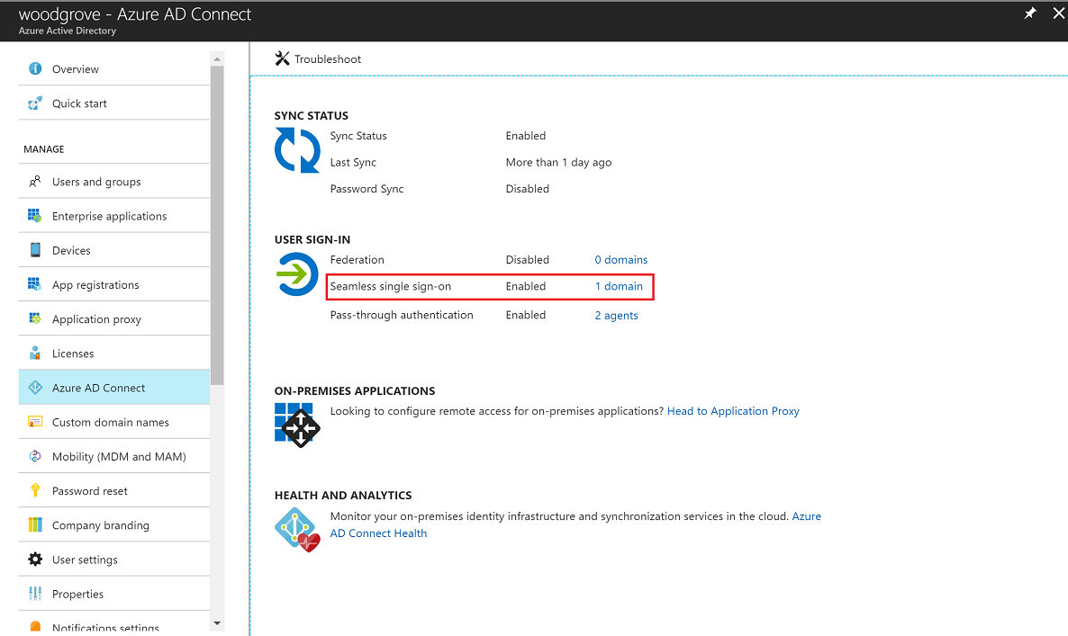 Captura de tela que mostra o painel Microsoft Entra Connect no portal de administração.