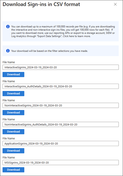 Captura de tela das opções de download para os logs de entrada.