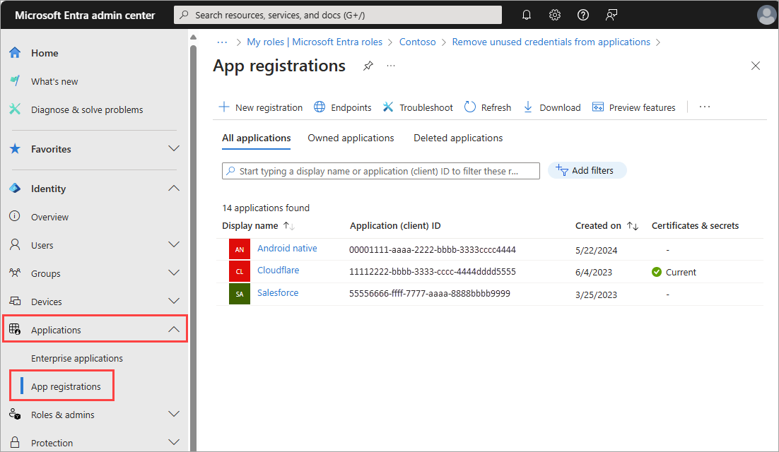 Captura de tela da página de registro do aplicativo do Microsoft Entra.