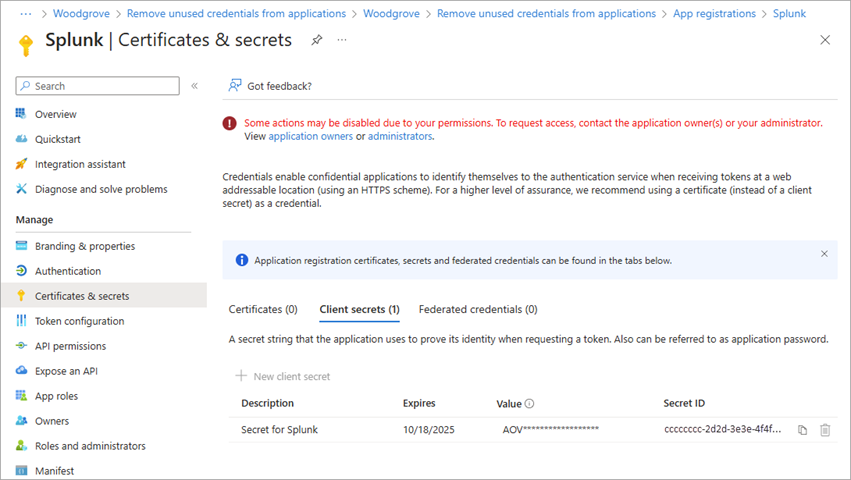 Captura de tela da seção Certificados e Segredos do Microsoft Entra ID.