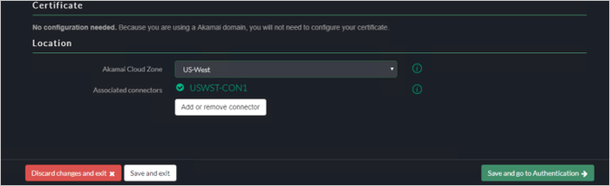 Captura de tela do console do Akamai EAA mostrando as configurações para Certificado e Localização.