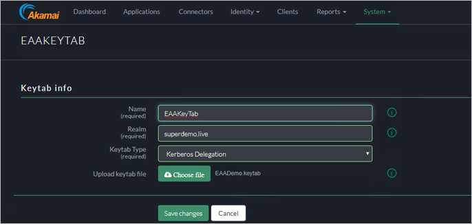 Captura de tela com a tela EAAKEYTAB do console do Akamai EAA mostrando as configurações de keytab. O tipo de Keytab é definido como Delegação Kerberos.