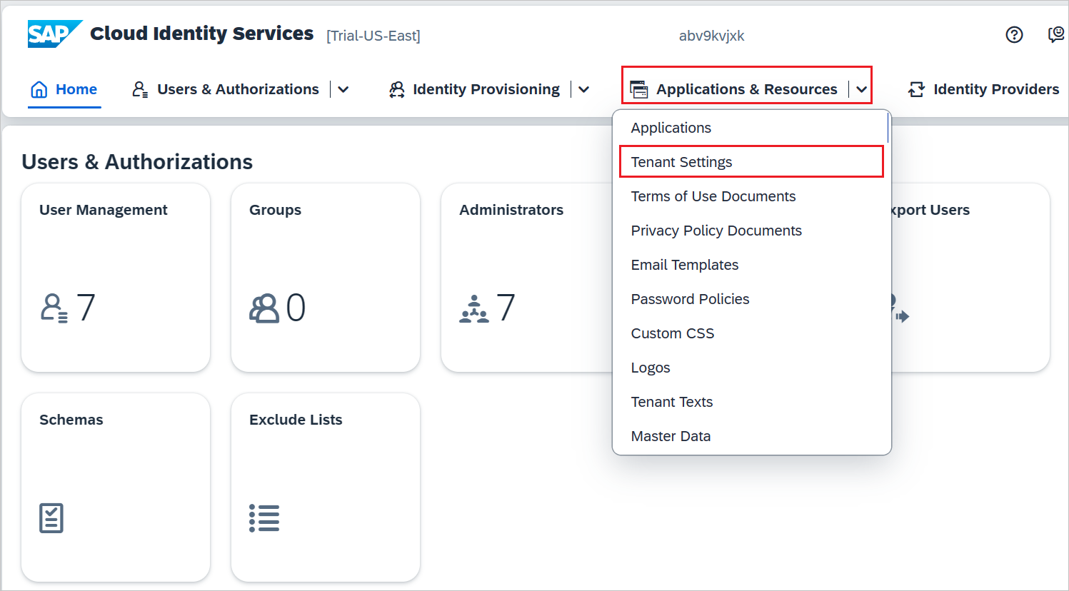 Captura de tela que mostra as configurações de locatário.