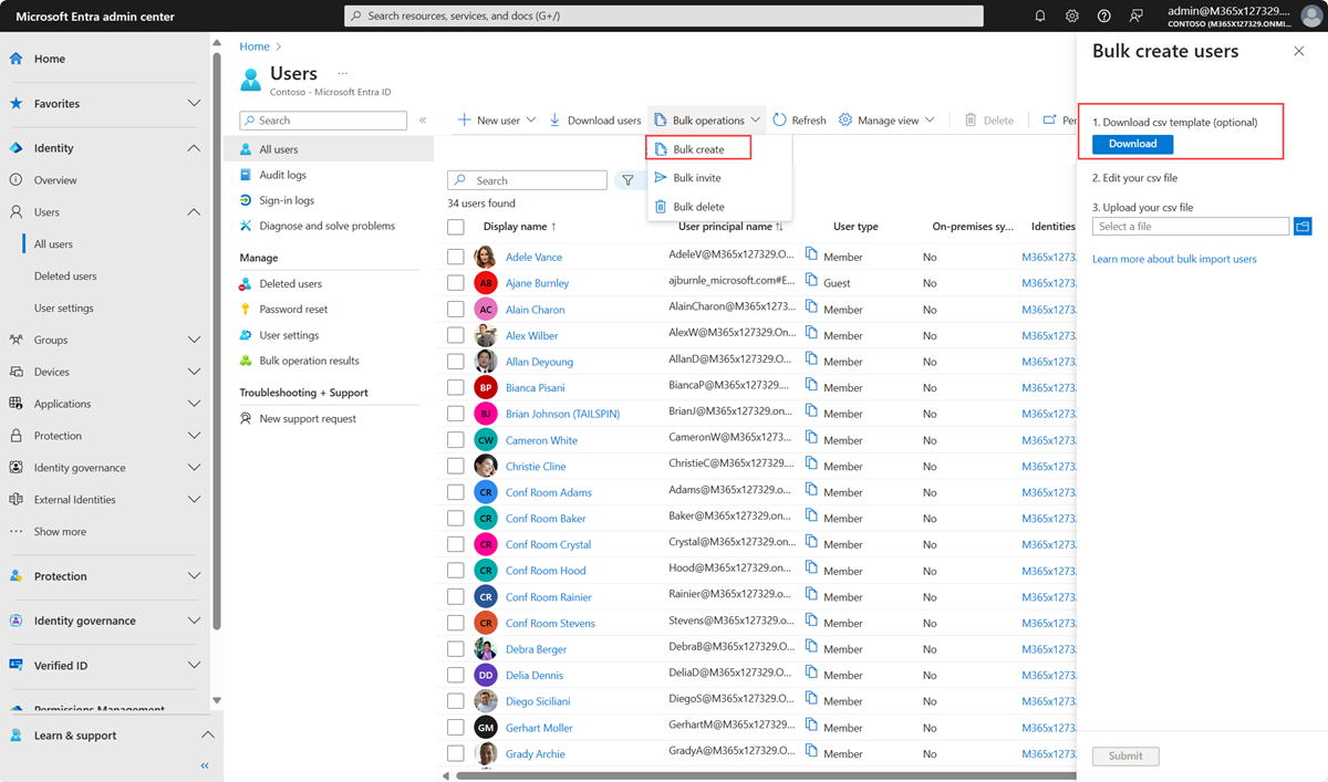 Captura de tela que mostra como selecionar um arquivo CSV local no qual você lista os usuários que deseja adicionar.