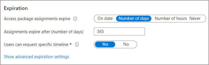 Captura de tela mostrando as configurações de expiração do ciclo de vida de um pacote de acesso.