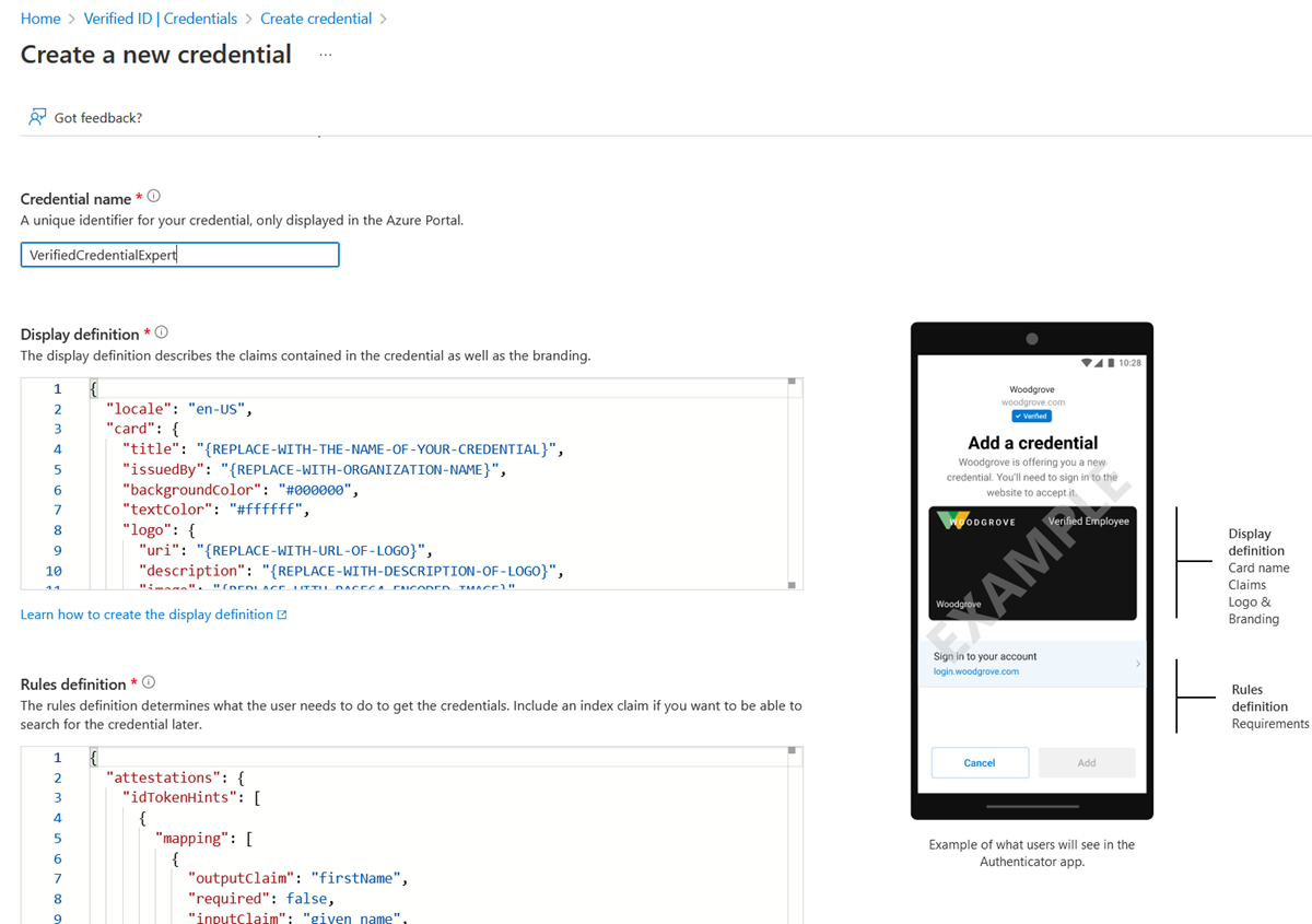 Captura de tela da página Criar uma credencial, exibindo exemplos de JSON dos arquivos de exibição e de regras.